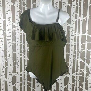 Playa Swim Olive Green Ruffled One Shoulder One Piece Swimsuit sz XL (16)